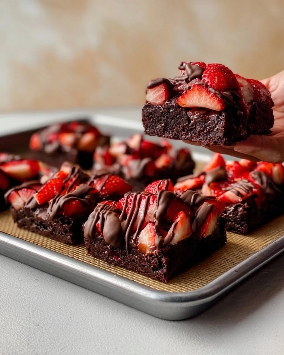 Delicious chocolate covered strawberry brownies on a white plate