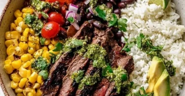 Cilantro Lime Steak Bowls with fresh vegetables and lime garnish on a plate