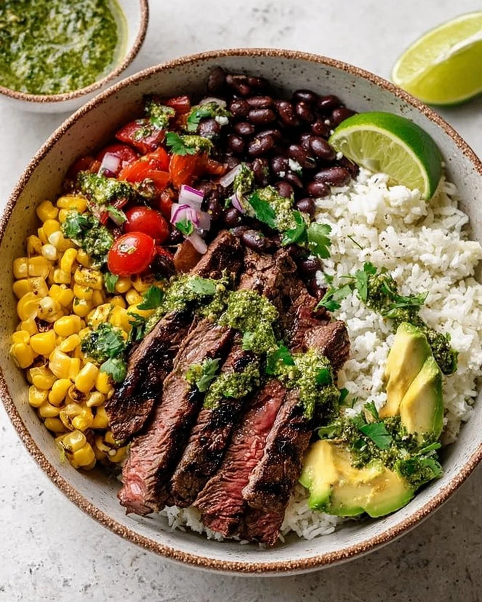 Cilantro Lime Steak Bowls with fresh vegetables and lime garnish on a plate