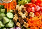 Bowl of classic house salad with fresh greens, cherry tomatoes, and cucumbers