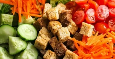 Bowl of classic house salad with fresh greens, cherry tomatoes, and cucumbers