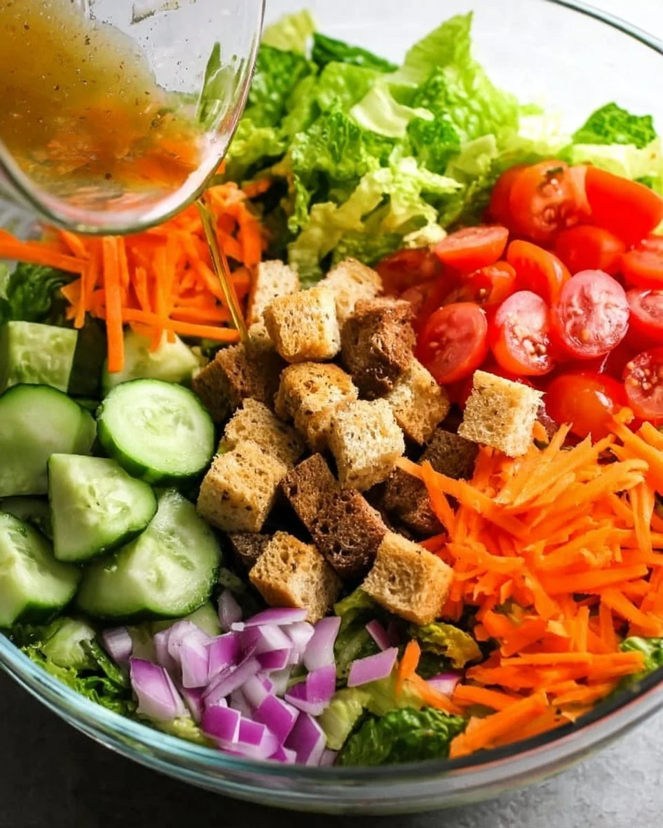 Bowl of classic house salad with fresh greens, cherry tomatoes, and cucumbers