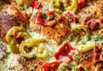 Creamy banana pepper chicken skillet served in a cast-iron pan