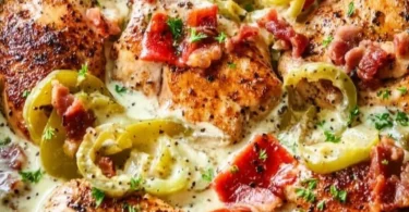 Creamy banana pepper chicken skillet served in a cast-iron pan