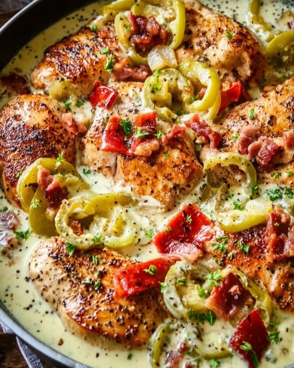 Creamy banana pepper chicken skillet served in a cast-iron pan