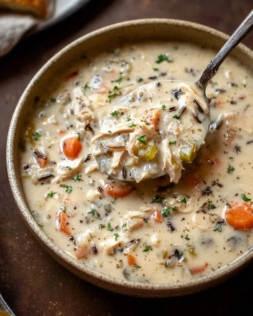 Bowl of creamy crockpot chicken wild rice soup with fresh herbs