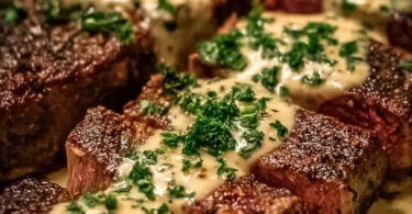 Creamy garlic sauce drizzled over a perfectly cooked steak on a plate