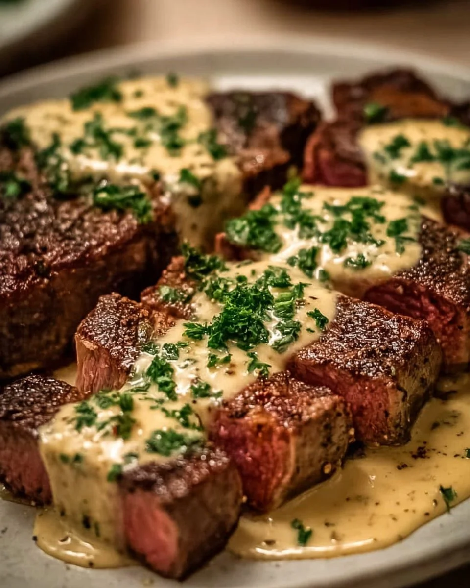 Creamy garlic sauce drizzled over a perfectly cooked steak on a plate