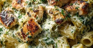 Creamy pesto chicken pasta garnished with basil in a bowl