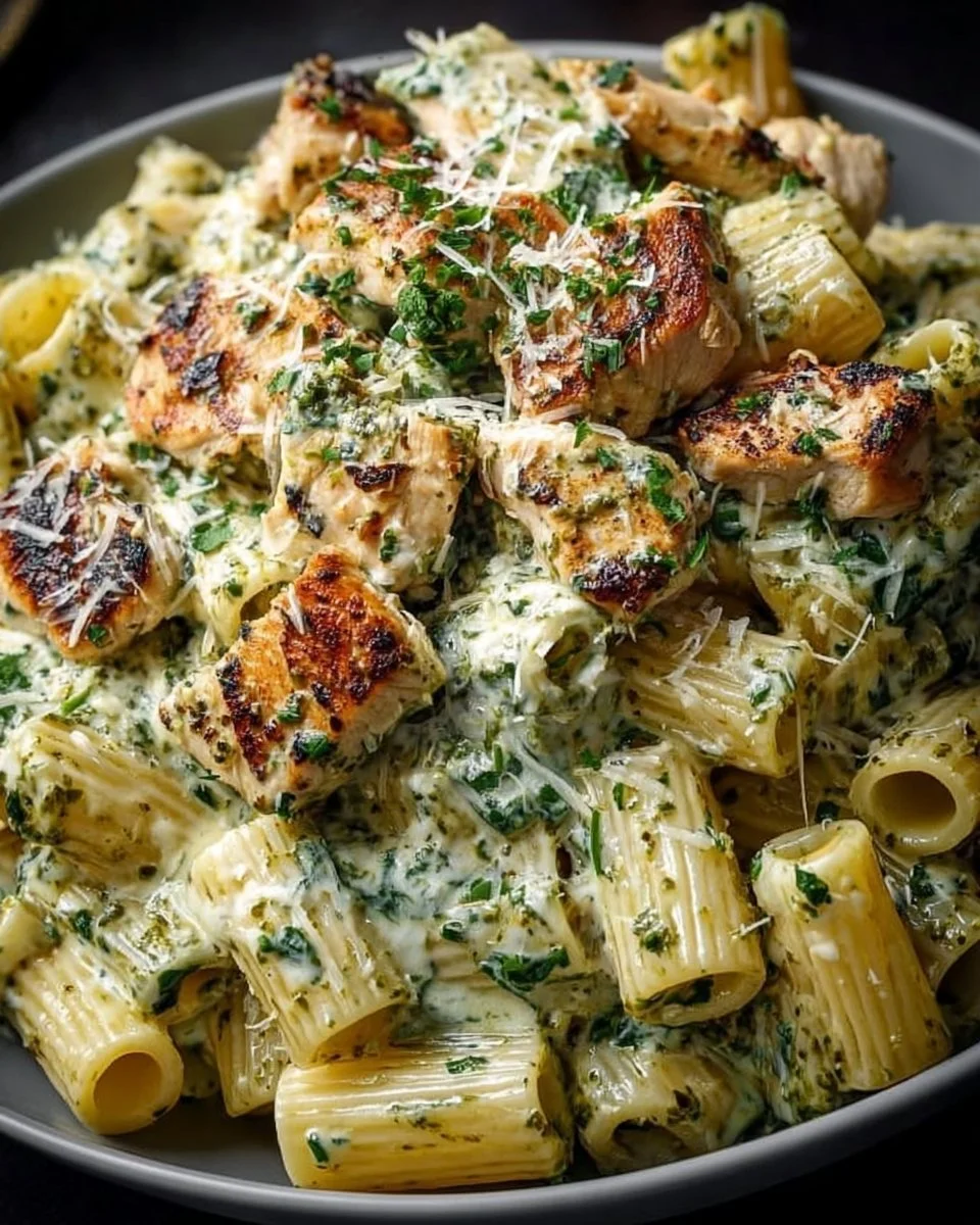 Creamy pesto chicken pasta garnished with basil in a bowl