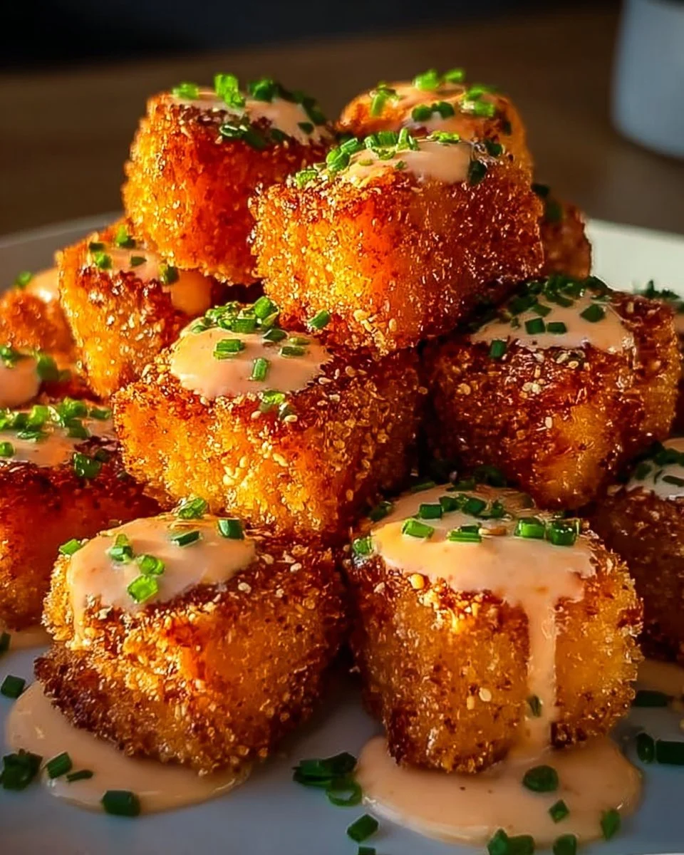 Crispy Bang Bang Salmon Bites on a plate with dipping sauce