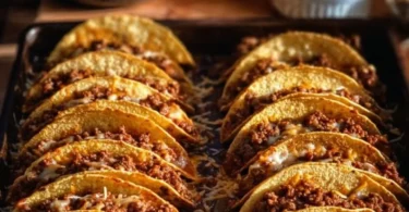 Delicious crispy ground beef tacos topped with fresh ingredients.