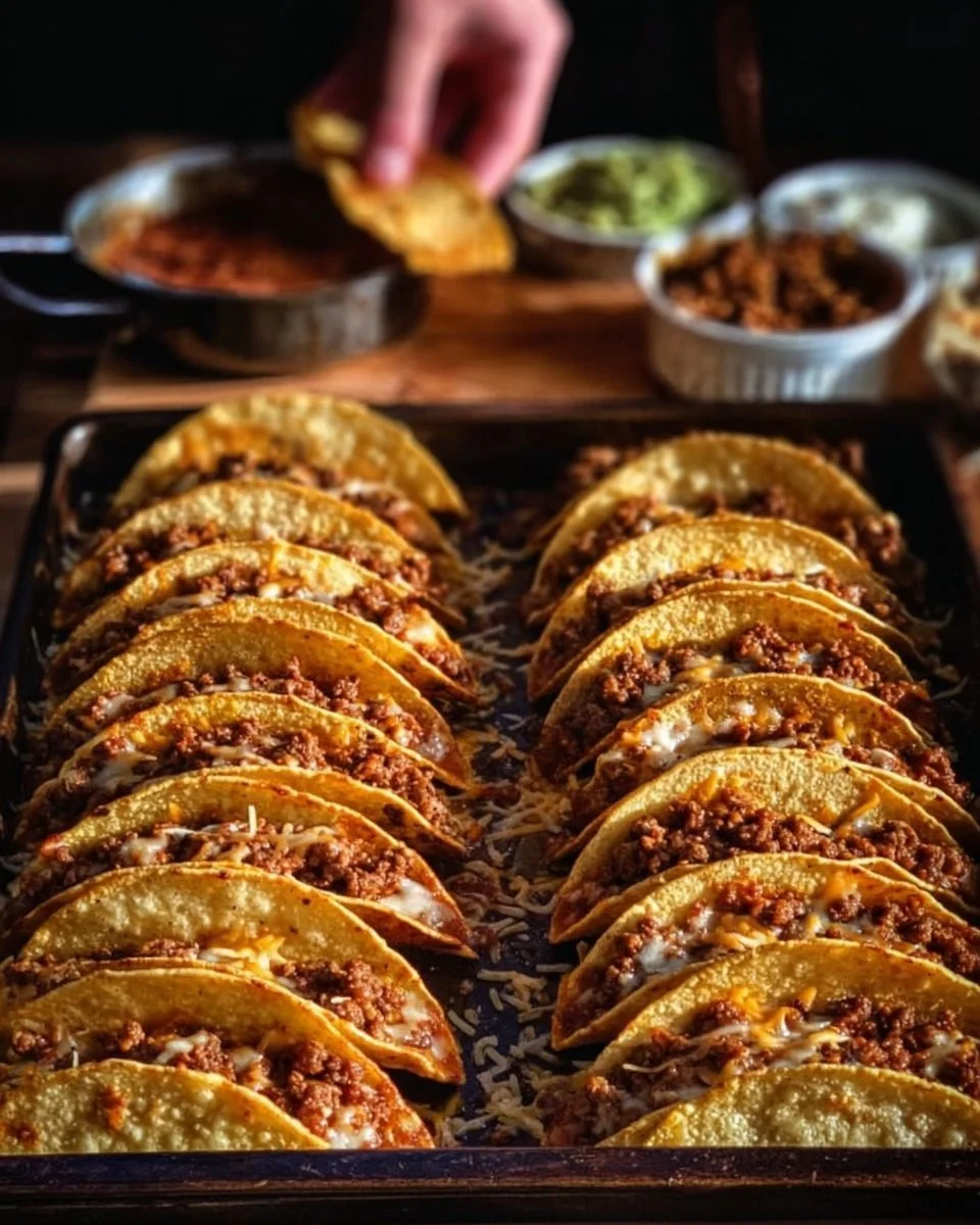 Delicious crispy ground beef tacos topped with fresh ingredients.