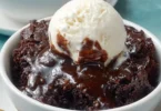Homemade Crockpot Brownies Pudding served in a bowl with chocolate drizzles