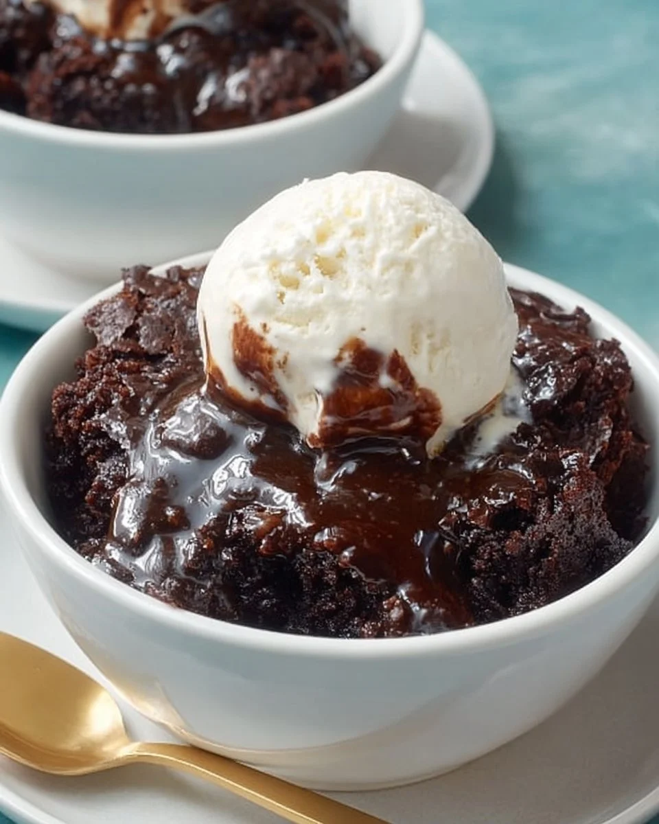Homemade Crockpot Brownies Pudding served in a bowl with chocolate drizzles