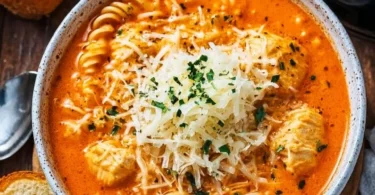 Bowl of Crockpot Chicken Parmesan Soup garnished with herbs and cheese