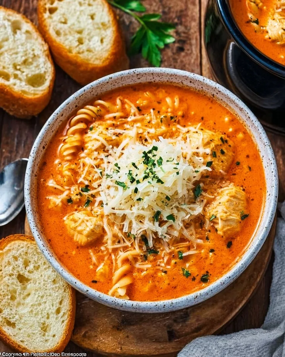 Bowl of Crockpot Chicken Parmesan Soup garnished with herbs and cheese