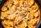 CrockPot Chicken Tortellini dish served in a bowl with herbs and garnish