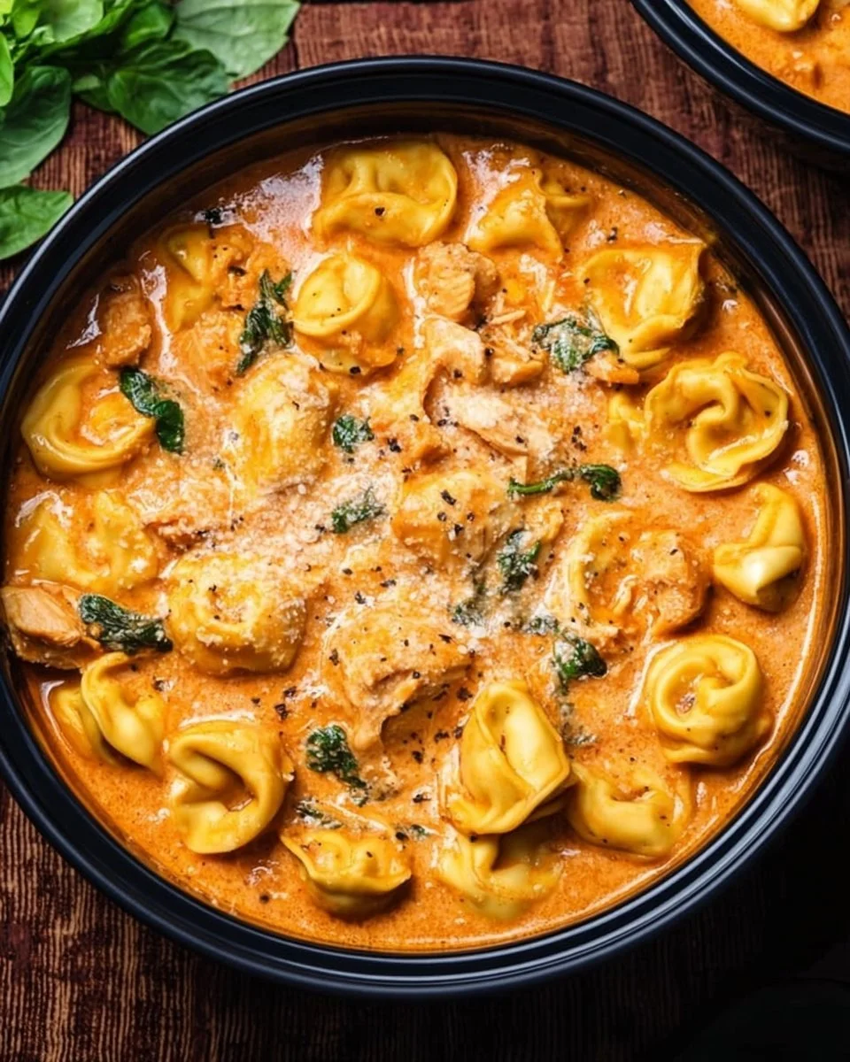 CrockPot Chicken Tortellini dish served in a bowl with herbs and garnish