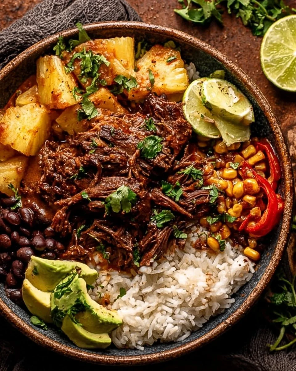 Crockpot Chipotle Pineapple Pot Roast Bowl served with fresh toppings