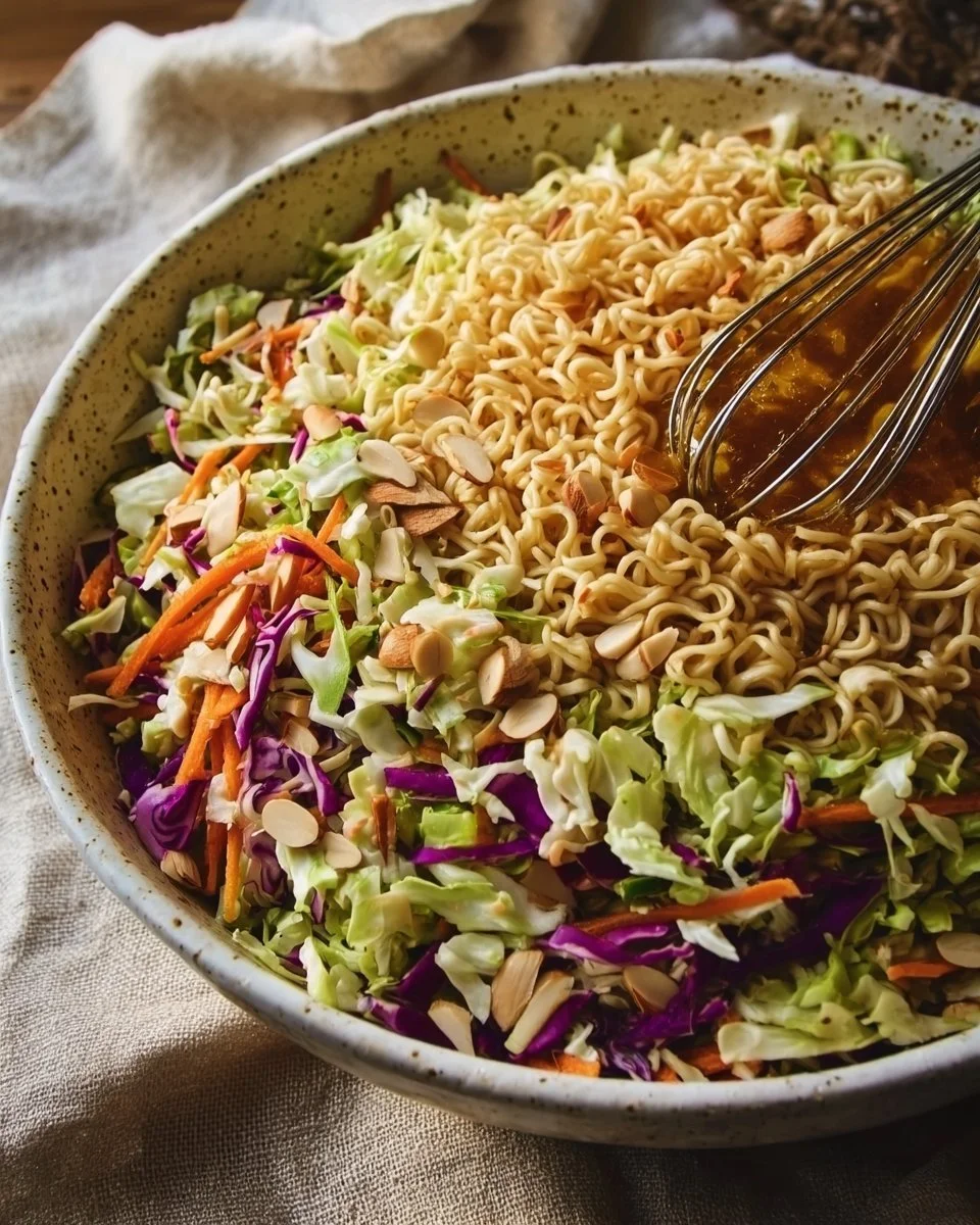 A colorful bowl of crunchy ramen noodle salad with fresh vegetables