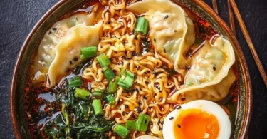 Delicious dumpling ramen bowl with rich broth and fresh toppings