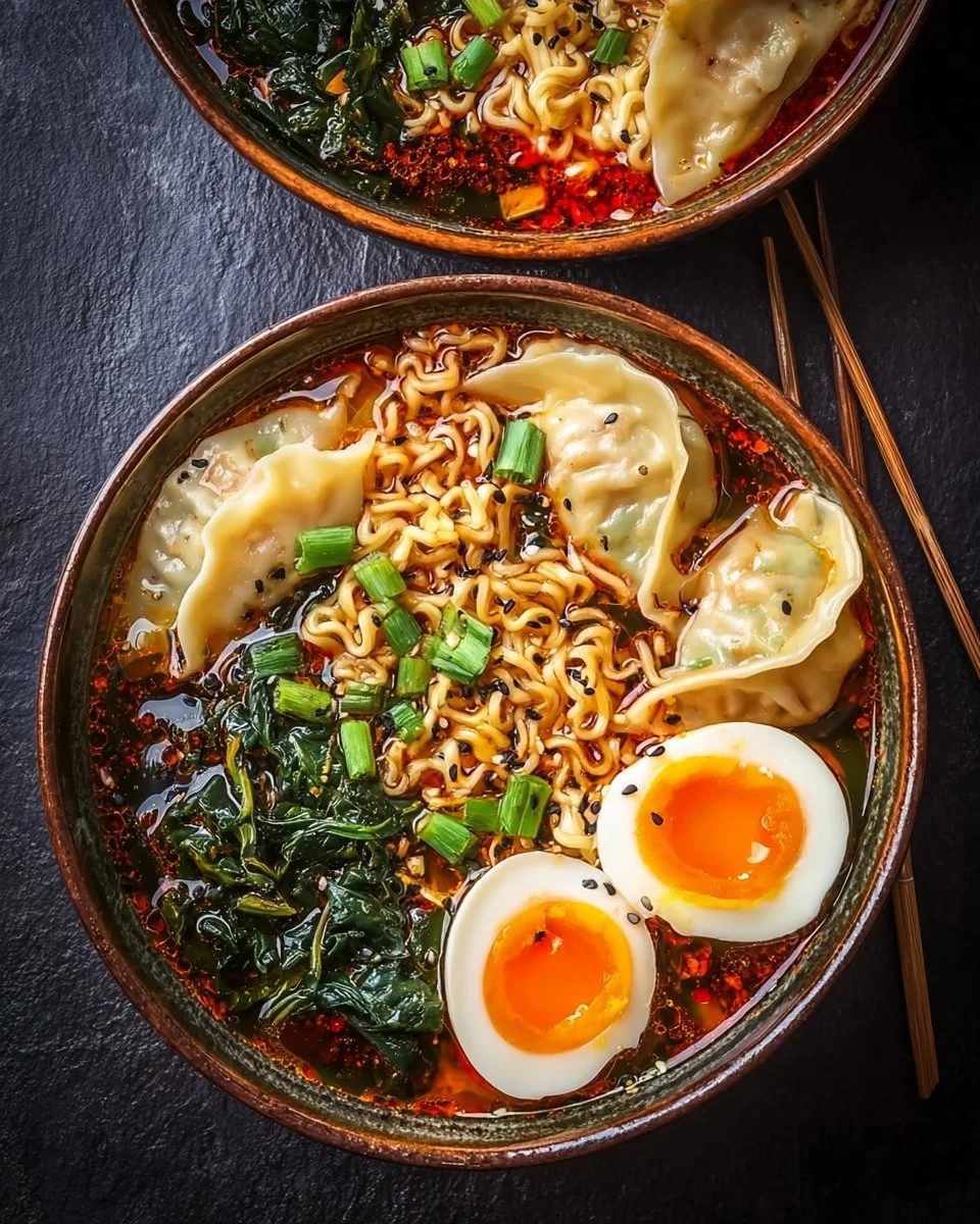 Delicious dumpling ramen bowl with rich broth and fresh toppings