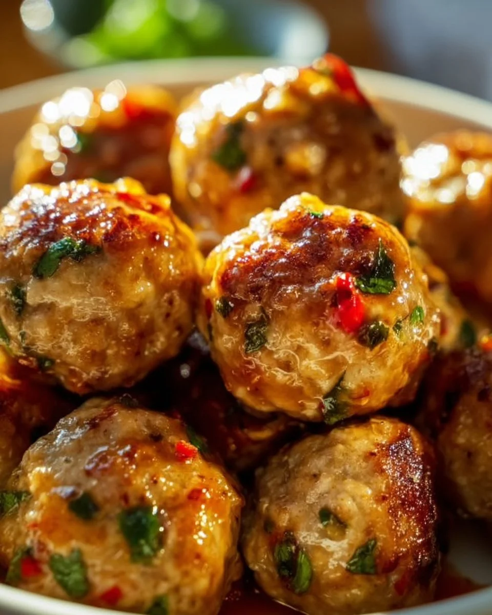 Delicious Thai baked chicken meatballs on a plate with fresh herbs