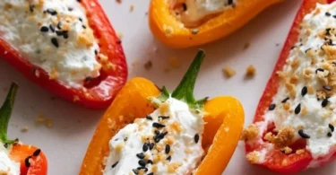 Cream cheese stuffed mini bell peppers arranged on a platter