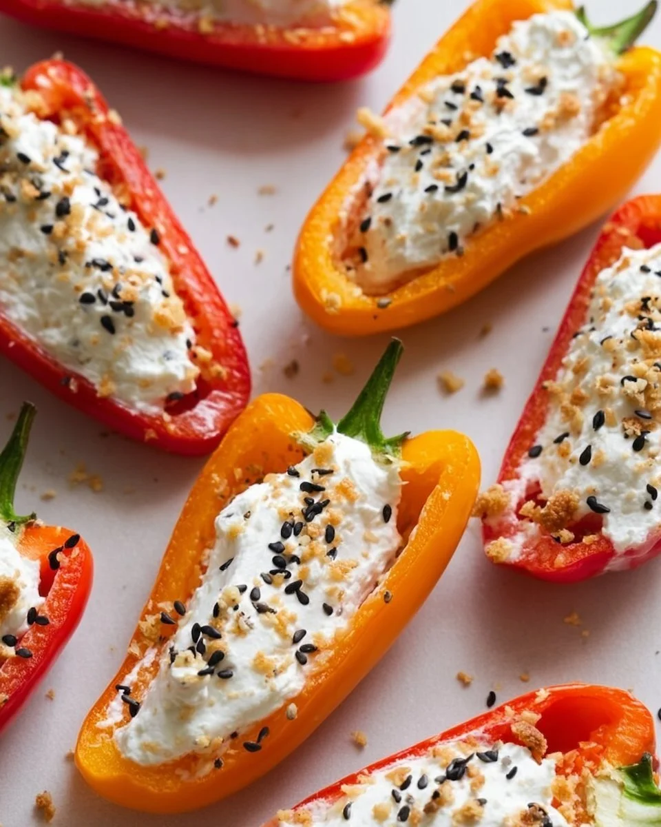 Cream cheese stuffed mini bell peppers arranged on a platter
