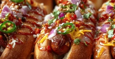 Firecracker hot dogs topped with spicy ingredients on a grill.