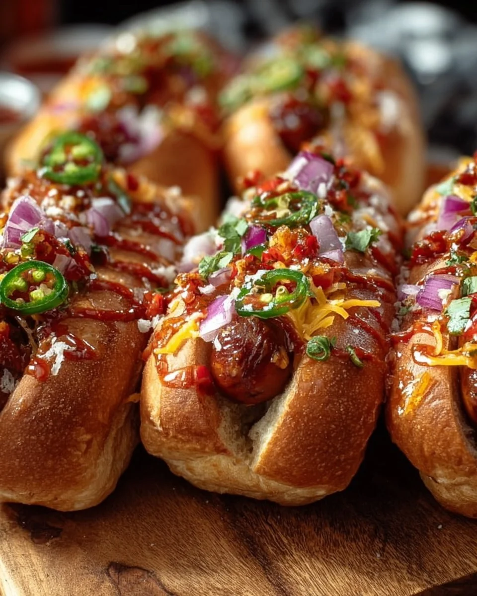 Firecracker hot dogs topped with spicy ingredients on a grill.