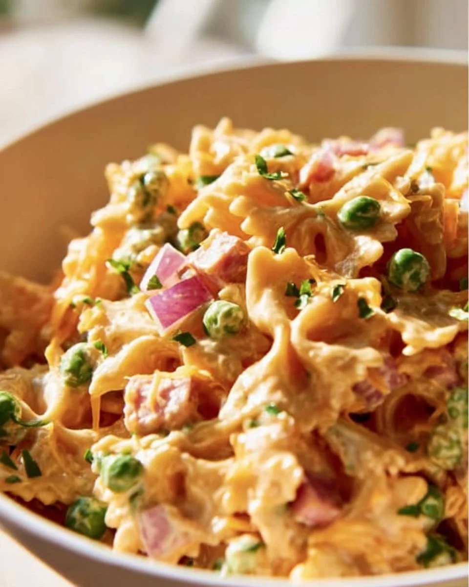 Colorful French Dressing Pasta Salad with vegetables and dressing