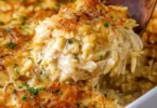 French Onion Chicken Orzo Casserole topped with melted cheese and herbs.
