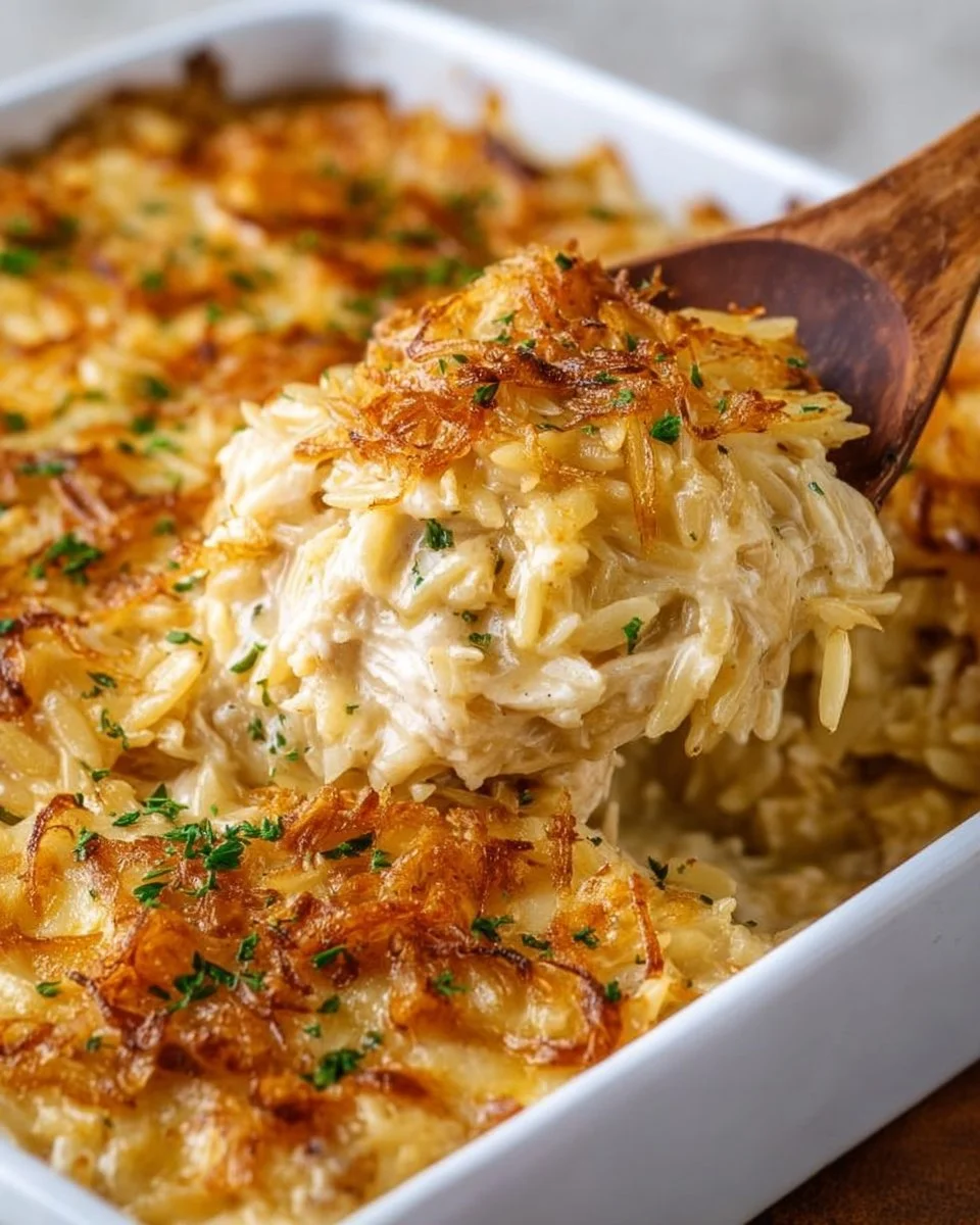 French Onion Chicken Orzo Casserole topped with melted cheese and herbs.