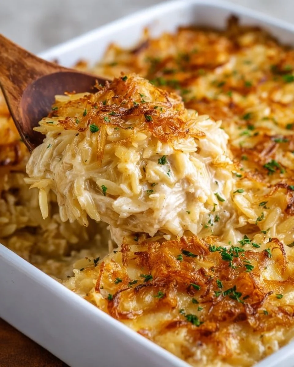 French Onion Chicken Orzo Casserole