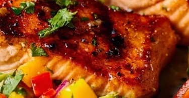 Fresh salmon fillet topped with colorful mango salsa on a plate