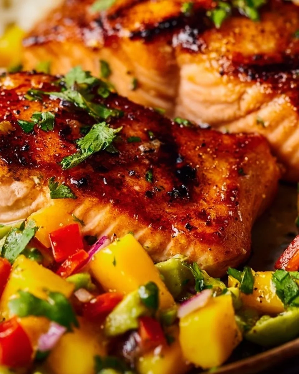 Fresh salmon fillet topped with colorful mango salsa on a plate