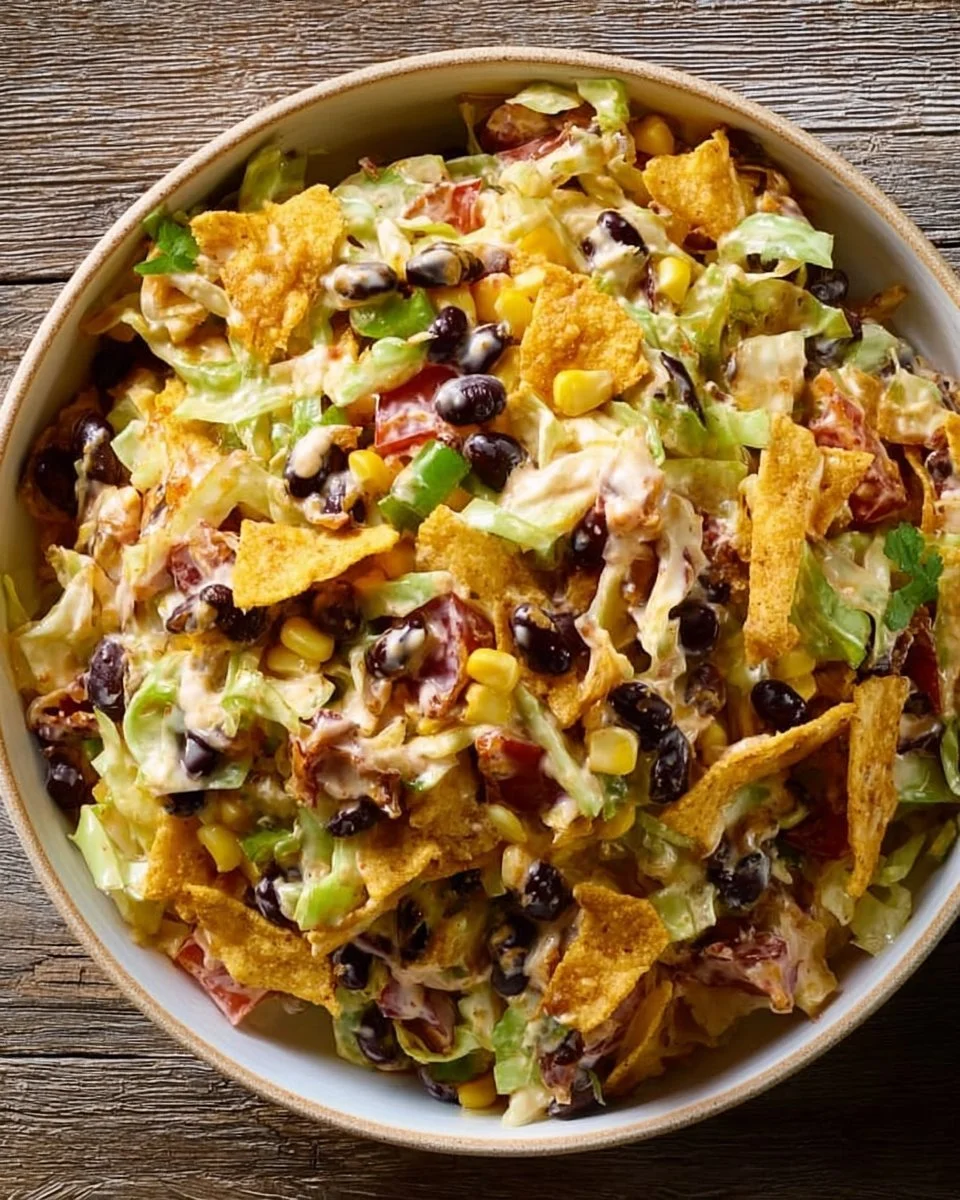 Frito Cowboy Cabbage dish topped with Fritos and fresh ingredients