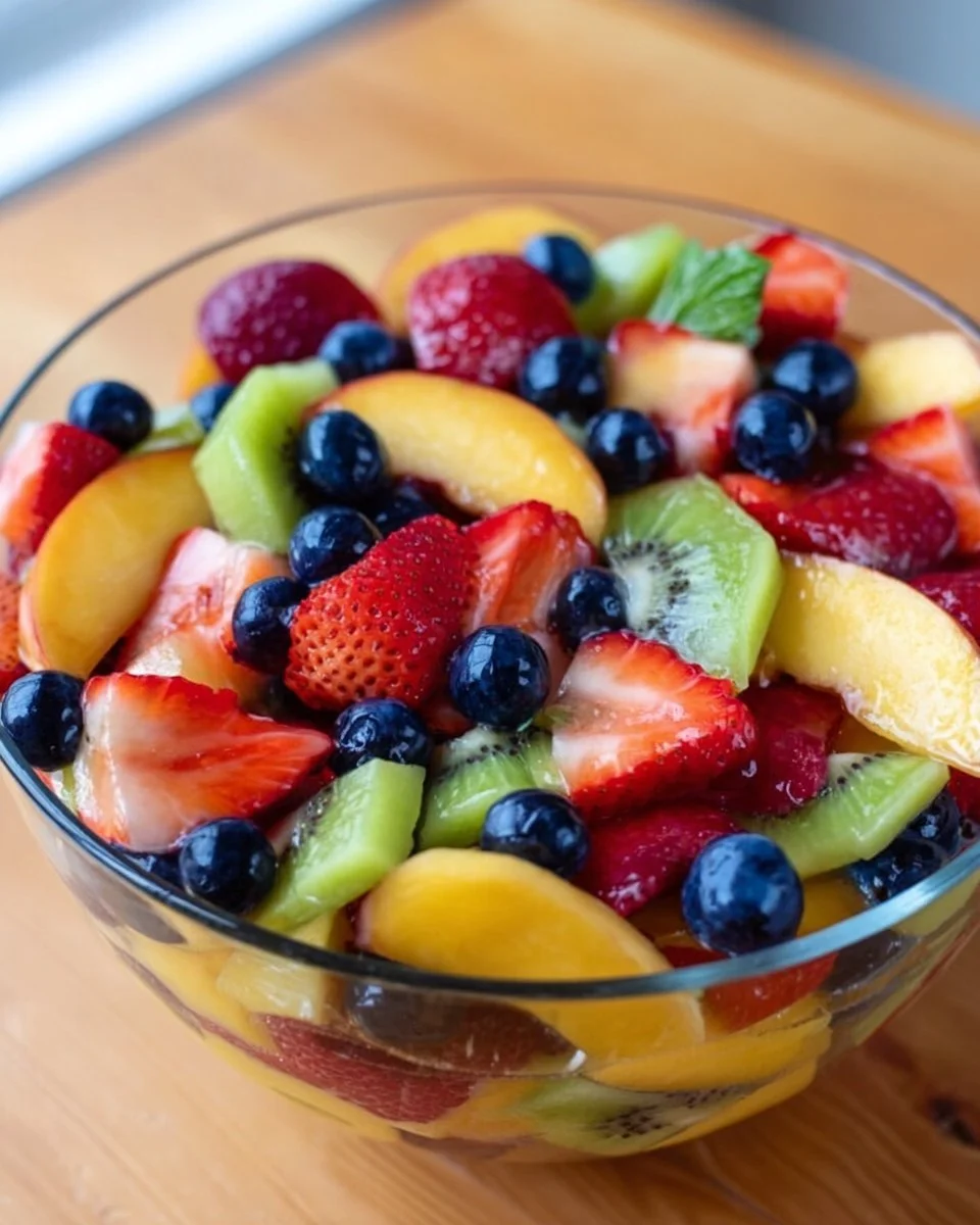 Delicious fruit salad drizzled with honey lime dressing in a bowl