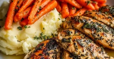 Delicious Garlic Herb Chicken served with creamy mashed potatoes and glazed carrots
