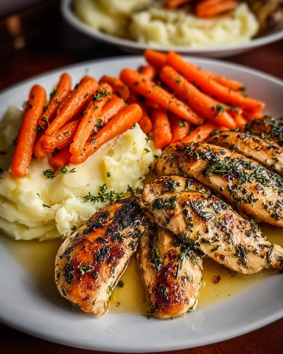 Delicious Garlic Herb Chicken served with creamy mashed potatoes and glazed carrots