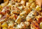 Garlic Parmesan Chicken with golden potatoes in a skillet dish