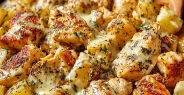 Garlic Parmesan Chicken with golden potatoes in a skillet dish