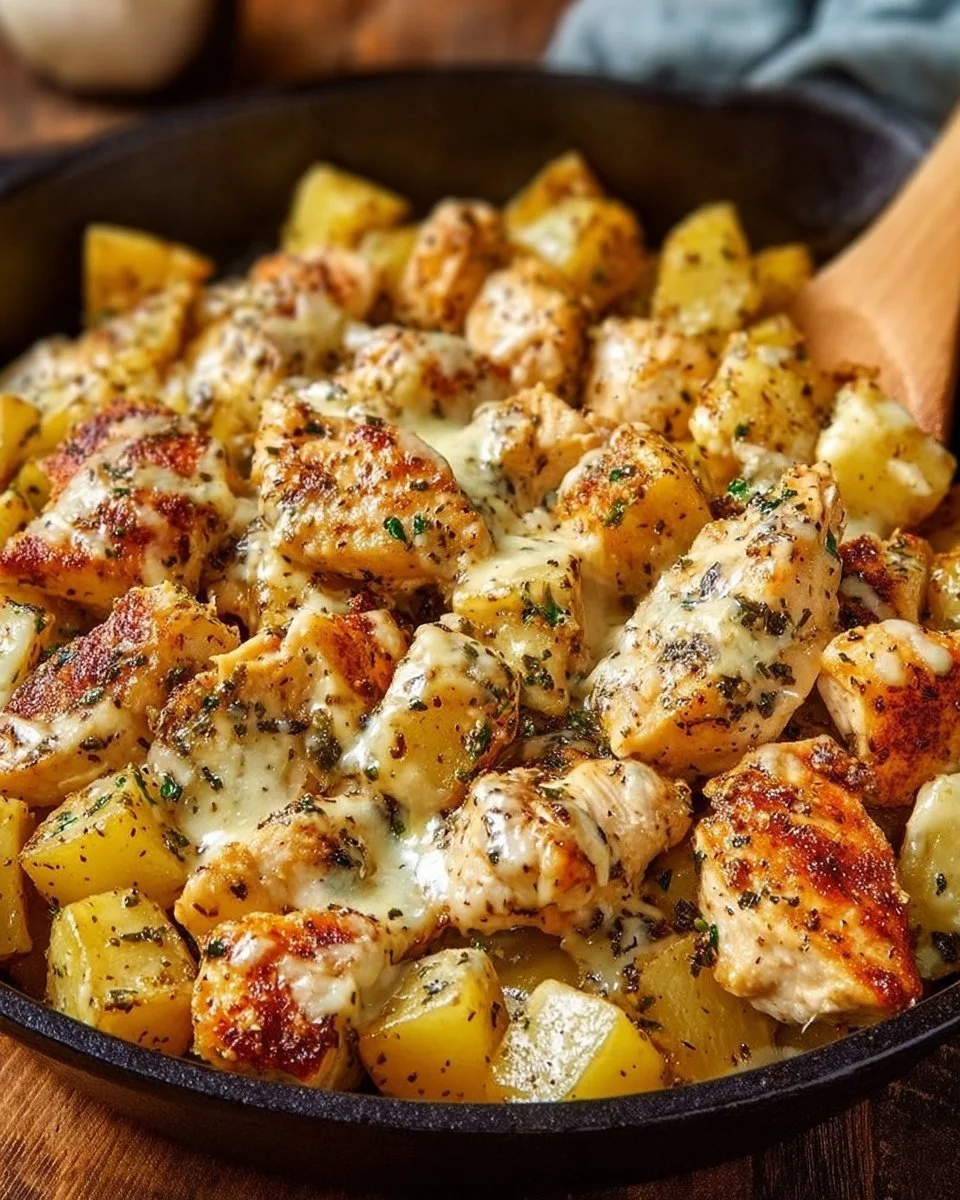 Garlic Parmesan Chicken with golden potatoes in a skillet dish
