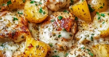 Delicious Garlic Parmesan Chicken and Potatoes cooked in a crockpot.