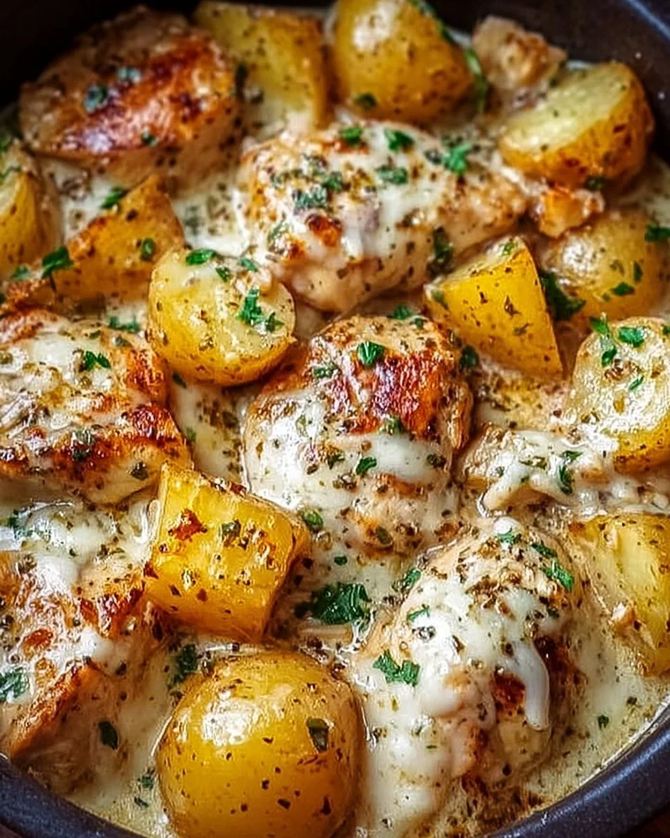 Delicious Garlic Parmesan Chicken and Potatoes cooked in a crockpot.