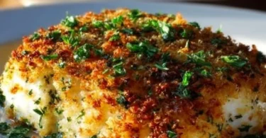 Garlic Parmesan Crusted Halibut served with lemon and herbs