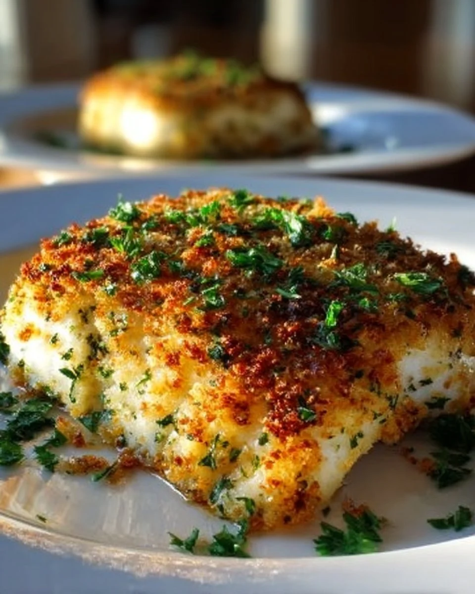 Garlic Parmesan Crusted Halibut served with lemon and herbs