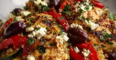 Delicious Greek Chicken Casserole topped with herbs and vegetables